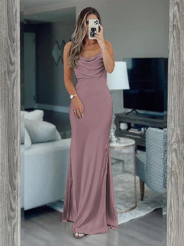 Sheath/Column Silk like Satin Ruched Spaghetti Straps Sleeveless Floor-Length Bridesmaid Dresses