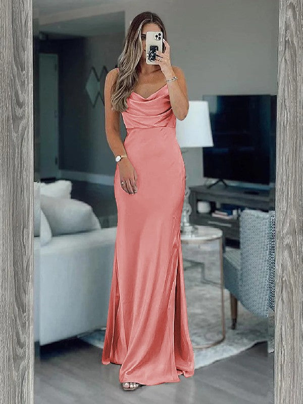 Sheath/Column Silk like Satin Ruched Spaghetti Straps Sleeveless Floor-Length Bridesmaid Dresses