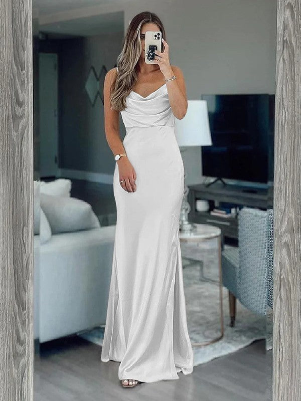Sheath/Column Silk like Satin Ruched Spaghetti Straps Sleeveless Floor-Length Bridesmaid Dresses