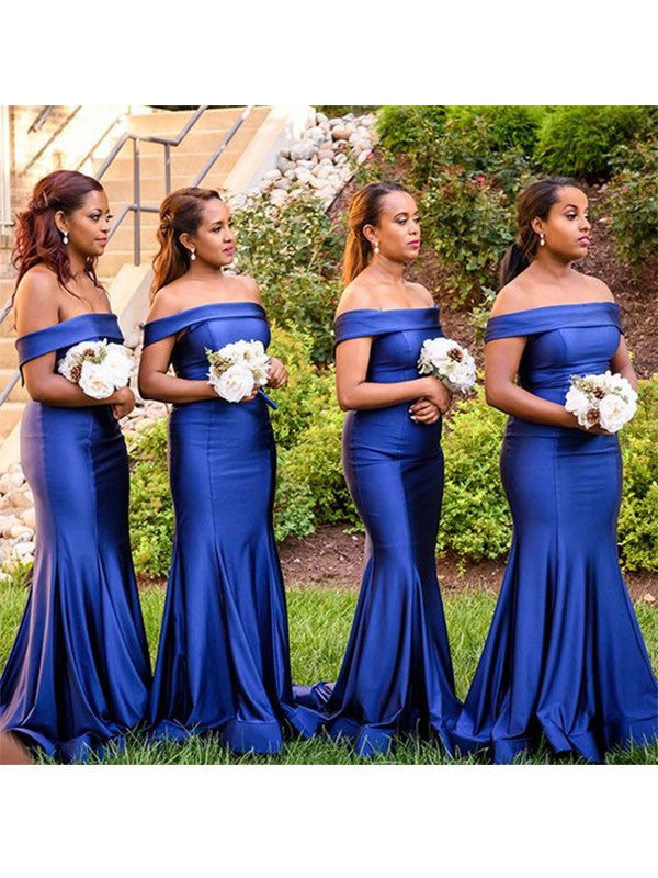 Sheath/Column Elastic Woven Satin Ruched Off-The-Shoulder Sleeveless Sweep/Brush Train Bridesmaid Dresses