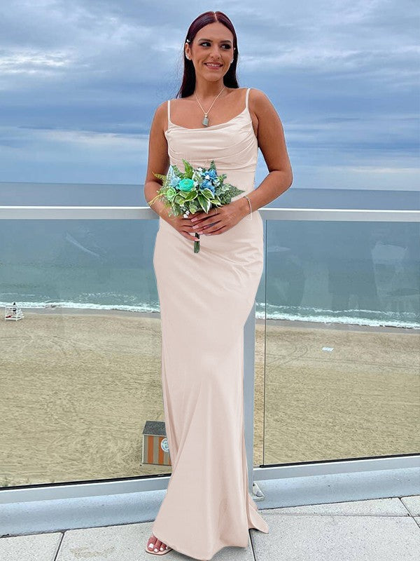 Sheath/Column NS Elastic Woven Satin Ruched Spaghetti Straps Sleeveless Floor-Length Bridesmaid Dresses