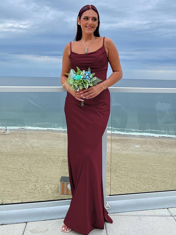 Sheath/Column NS Elastic Woven Satin Ruched Spaghetti Straps Sleeveless Floor-Length Bridesmaid Dresses