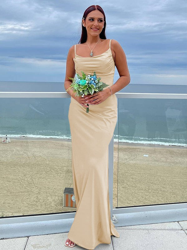 Sheath/Column NS Elastic Woven Satin Ruched Spaghetti Straps Sleeveless Floor-Length Bridesmaid Dresses