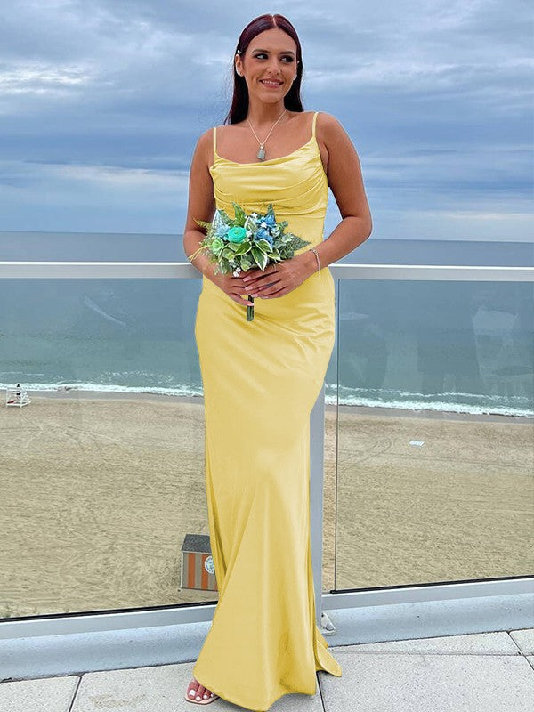 Sheath/Column NS Elastic Woven Satin Ruched Spaghetti Straps Sleeveless Floor-Length Bridesmaid Dresses