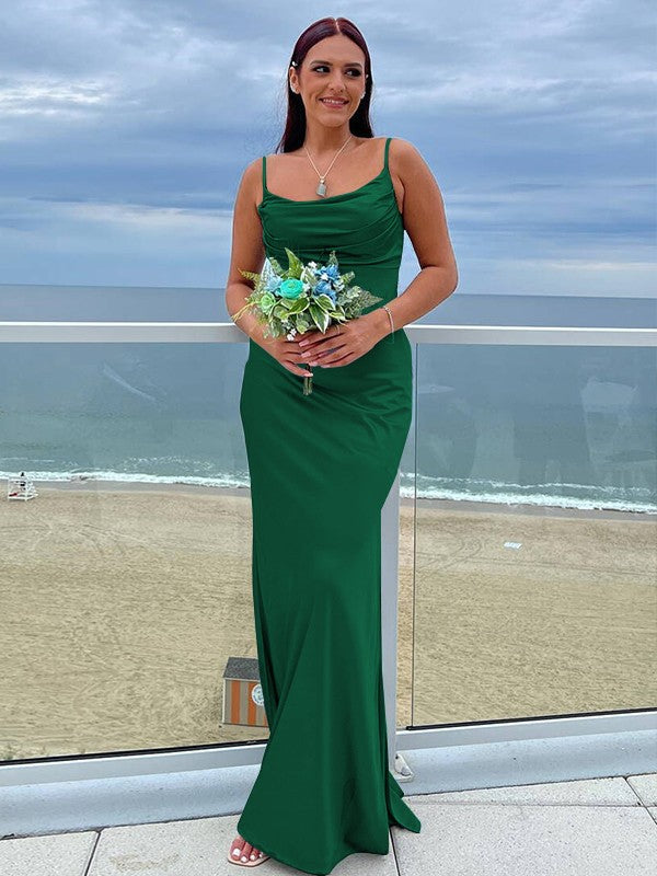 Sheath/Column NS Elastic Woven Satin Ruched Spaghetti Straps Sleeveless Floor-Length Bridesmaid Dresses