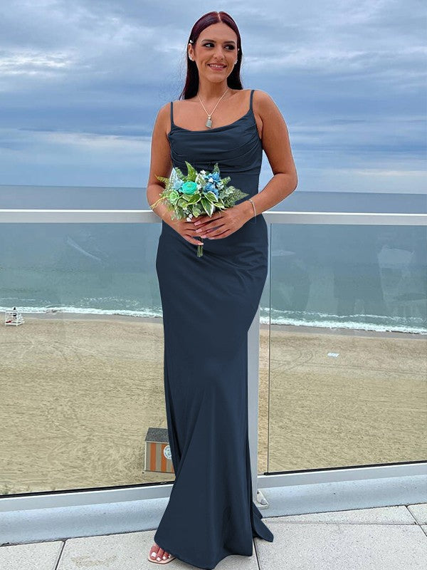Sheath/Column NS Elastic Woven Satin Ruched Spaghetti Straps Sleeveless Floor-Length Bridesmaid Dresses