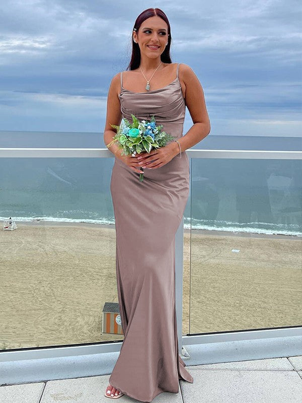 Sheath/Column NS Elastic Woven Satin Ruched Spaghetti Straps Sleeveless Floor-Length Bridesmaid Dresses