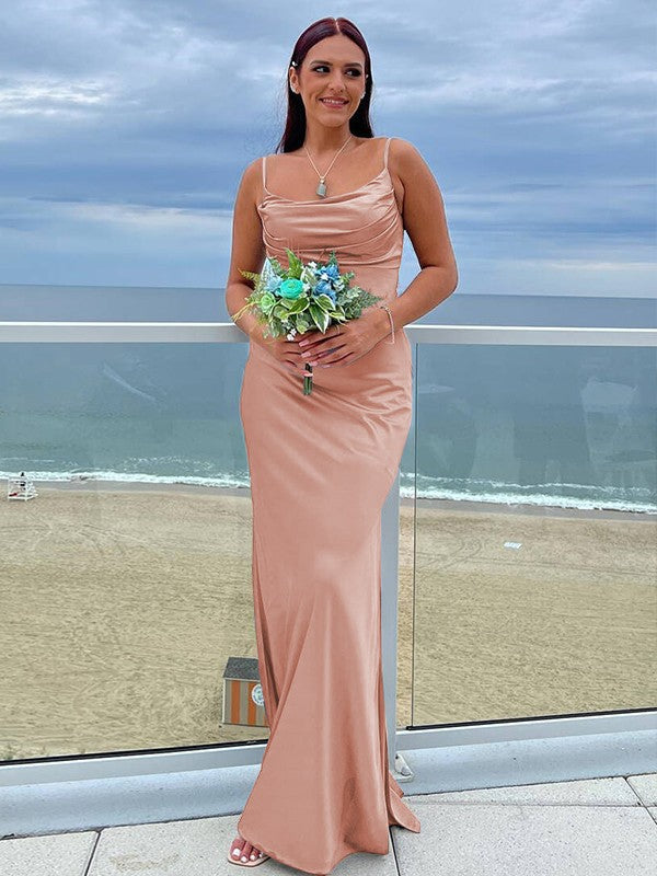 Sheath/Column NS Elastic Woven Satin Ruched Spaghetti Straps Sleeveless Floor-Length Bridesmaid Dresses