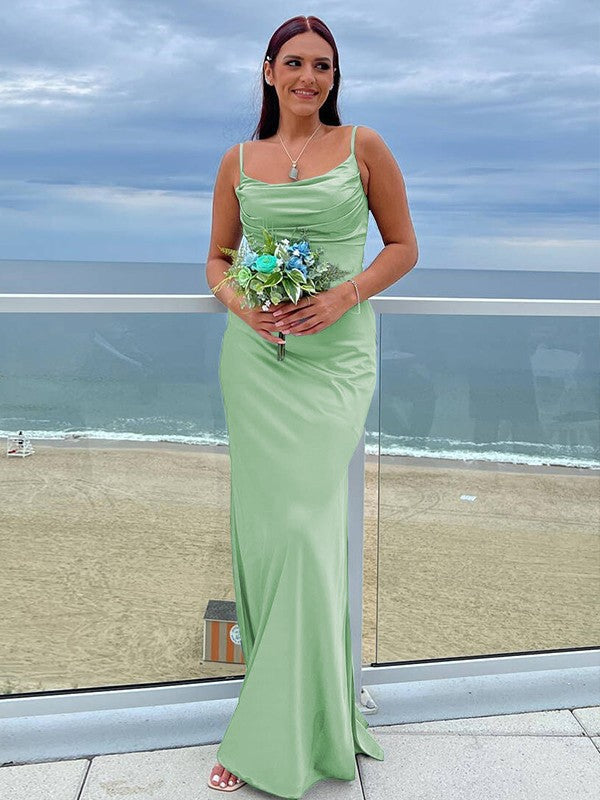 Sheath/Column NS Elastic Woven Satin Ruched Spaghetti Straps Sleeveless Floor-Length Bridesmaid Dresses