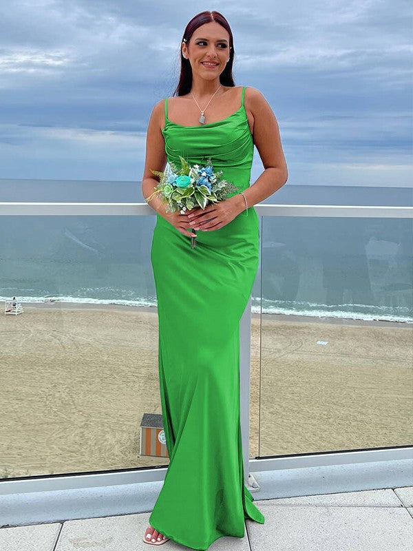 Sheath/Column NS Elastic Woven Satin Ruched Spaghetti Straps Sleeveless Floor-Length Bridesmaid Dresses