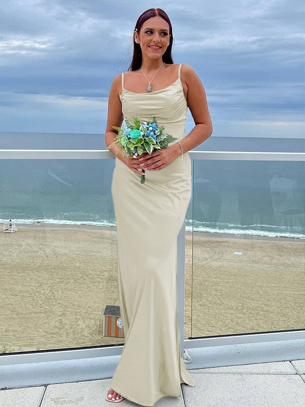 Sheath/Column NS Elastic Woven Satin Ruched Spaghetti Straps Sleeveless Floor-Length Bridesmaid Dresses