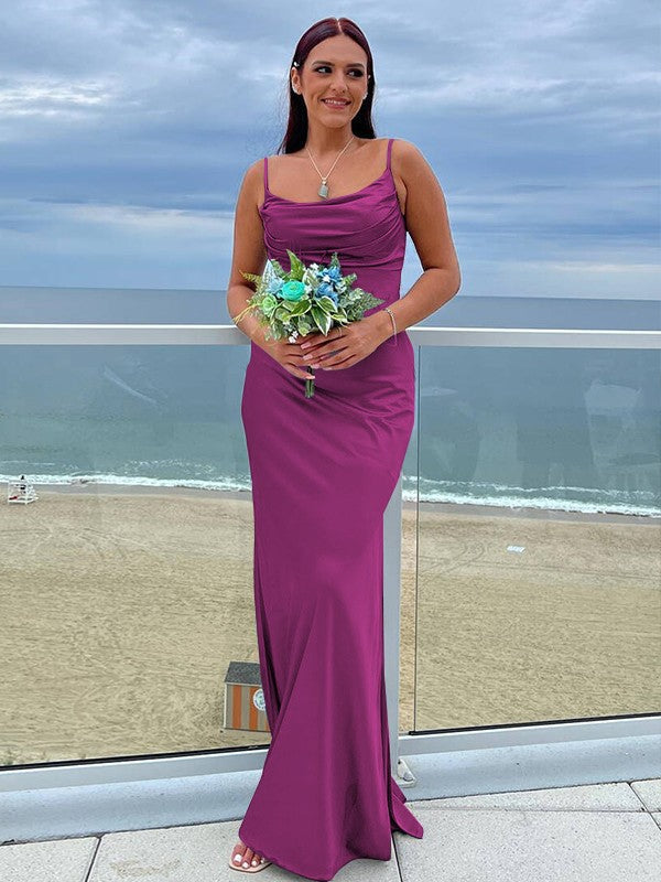 Sheath/Column NS Elastic Woven Satin Ruched Spaghetti Straps Sleeveless Floor-Length Bridesmaid Dresses