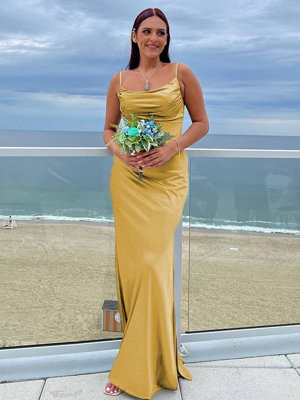 Sheath/Column NS Elastic Woven Satin Ruched Spaghetti Straps Sleeveless Floor-Length Bridesmaid Dresses