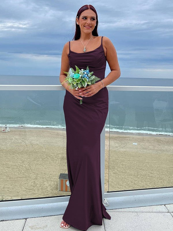 Sheath/Column NS Elastic Woven Satin Ruched Spaghetti Straps Sleeveless Floor-Length Bridesmaid Dresses