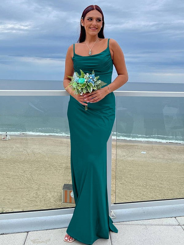 Sheath/Column NS Elastic Woven Satin Ruched Spaghetti Straps Sleeveless Floor-Length Bridesmaid Dresses