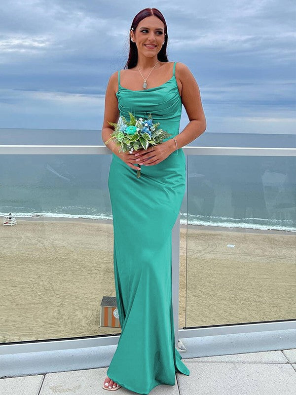 Sheath/Column NS Elastic Woven Satin Ruched Spaghetti Straps Sleeveless Floor-Length Bridesmaid Dresses