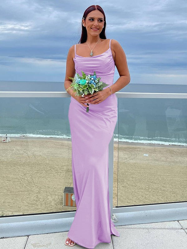 Sheath/Column NS Elastic Woven Satin Ruched Spaghetti Straps Sleeveless Floor-Length Bridesmaid Dresses