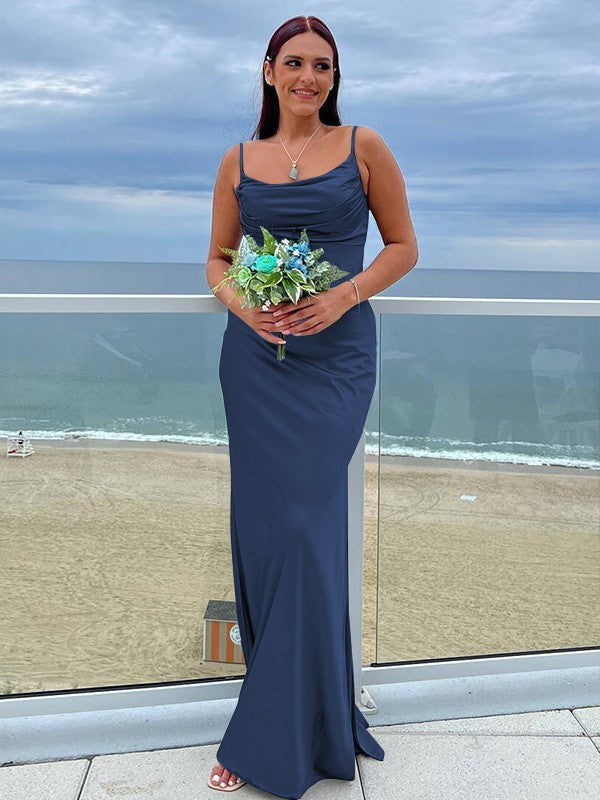 Sheath/Column NS Elastic Woven Satin Ruched Spaghetti Straps Sleeveless Floor-Length Bridesmaid Dresses