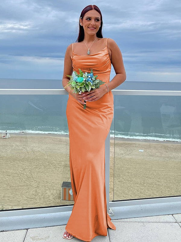 Sheath/Column NS Elastic Woven Satin Ruched Spaghetti Straps Sleeveless Floor-Length Bridesmaid Dresses