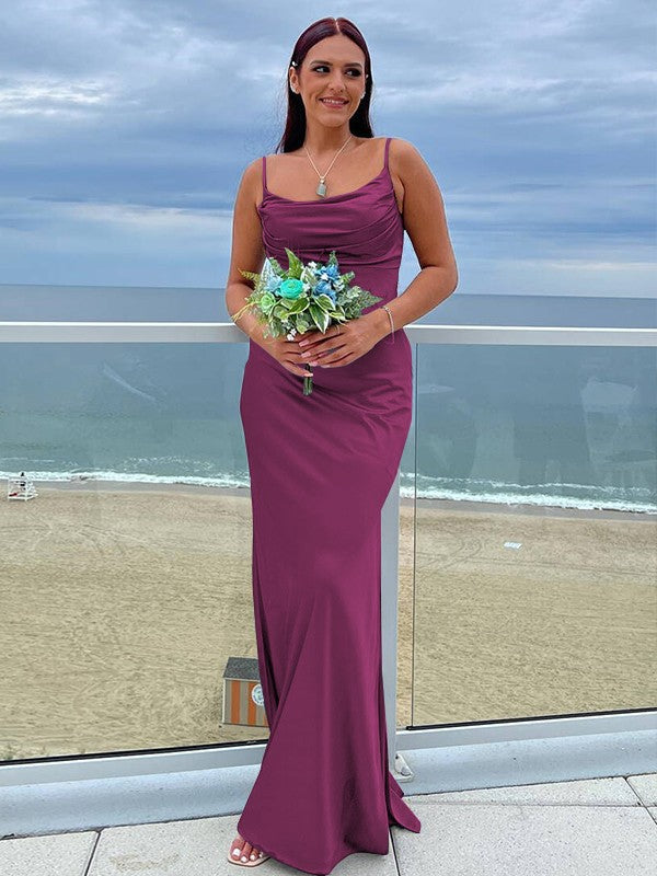 Sheath/Column NS Elastic Woven Satin Ruched Spaghetti Straps Sleeveless Floor-Length Bridesmaid Dresses