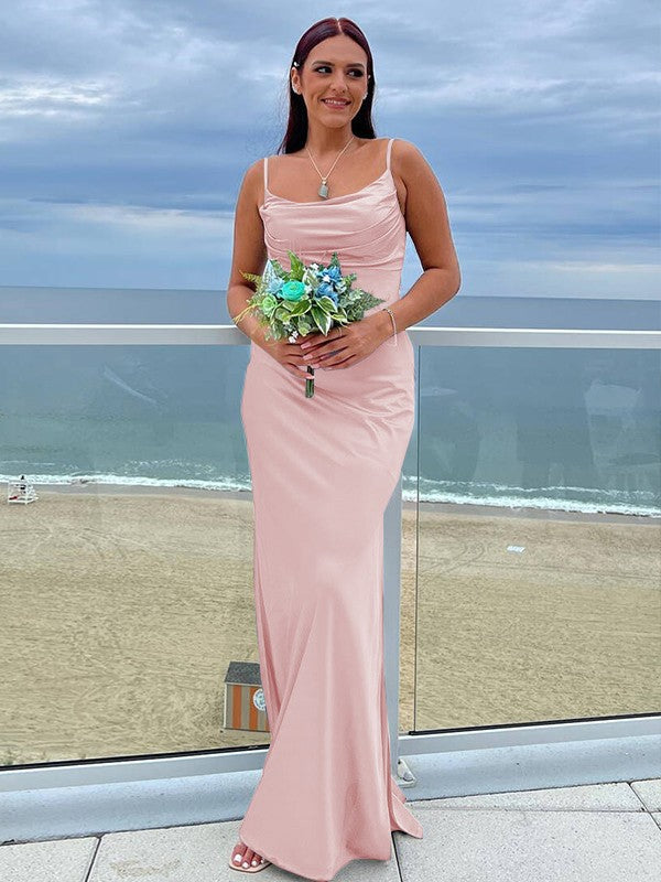 Sheath/Column NS Elastic Woven Satin Ruched Spaghetti Straps Sleeveless Floor-Length Bridesmaid Dresses