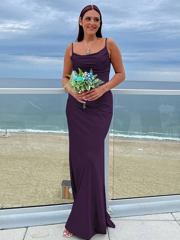 Sheath/Column NS Elastic Woven Satin Ruched Spaghetti Straps Sleeveless Floor-Length Bridesmaid Dresses