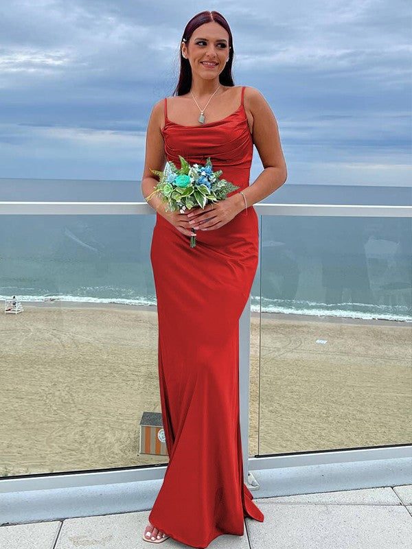 Sheath/Column NS Elastic Woven Satin Ruched Spaghetti Straps Sleeveless Floor-Length Bridesmaid Dresses
