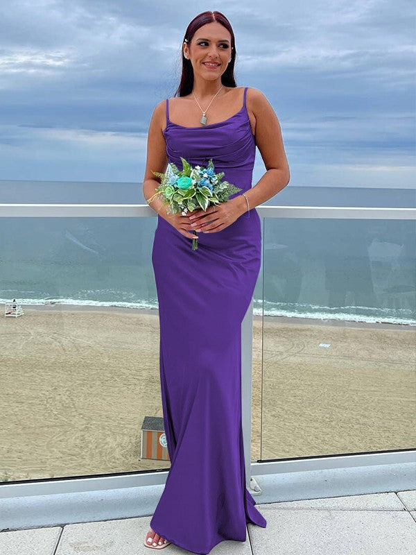 Sheath/Column NS Elastic Woven Satin Ruched Spaghetti Straps Sleeveless Floor-Length Bridesmaid Dresses