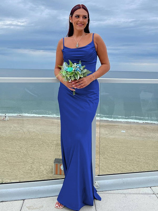 Sheath/Column NS Elastic Woven Satin Ruched Spaghetti Straps Sleeveless Floor-Length Bridesmaid Dresses