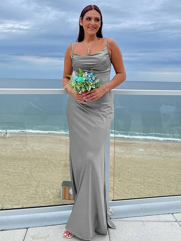 Sheath/Column NS Elastic Woven Satin Ruched Spaghetti Straps Sleeveless Floor-Length Bridesmaid Dresses
