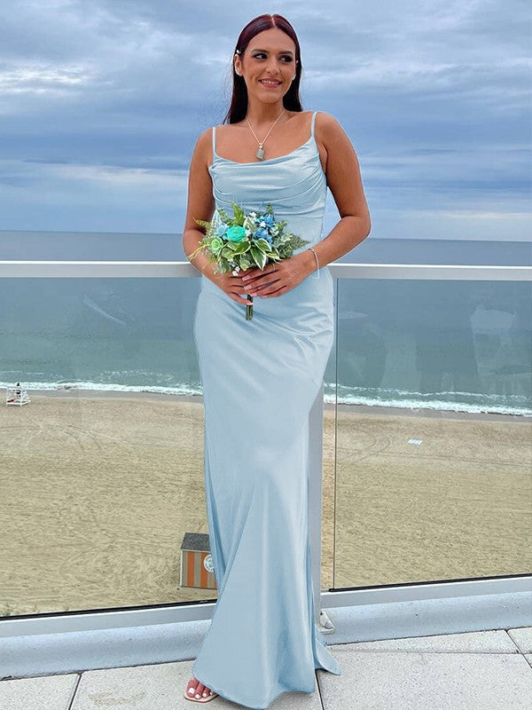 Sheath/Column NS Elastic Woven Satin Ruched Spaghetti Straps Sleeveless Floor-Length Bridesmaid Dresses