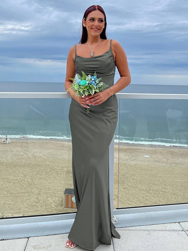 Sheath/Column NS Elastic Woven Satin Ruched Spaghetti Straps Sleeveless Floor-Length Bridesmaid Dresses