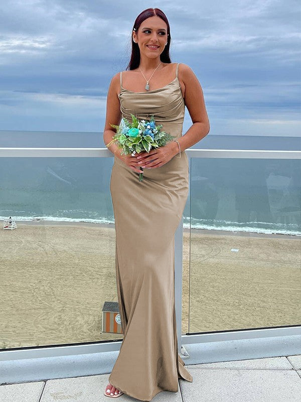 Sheath/Column NS Elastic Woven Satin Ruched Spaghetti Straps Sleeveless Floor-Length Bridesmaid Dresses