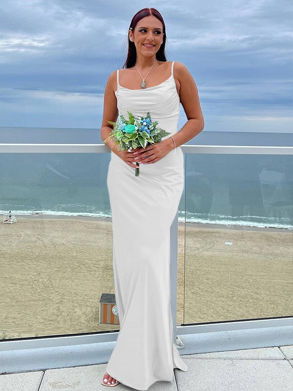 Sheath/Column NS Elastic Woven Satin Ruched Spaghetti Straps Sleeveless Floor-Length Bridesmaid Dresses