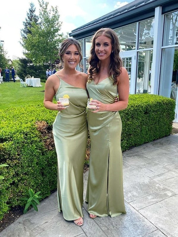 Sheath/Column Silk like Satin Ruched Spaghetti Straps Sleeveless Floor-Length Bridesmaid Dresses