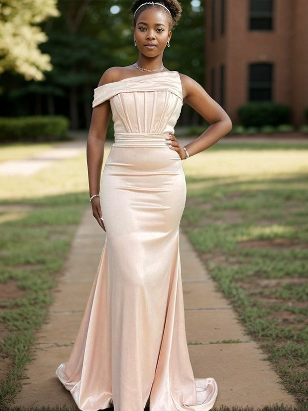 Sheath/Column Silk Like Satin Pleated Sweep Train Corset Bridesmaid Dresses
