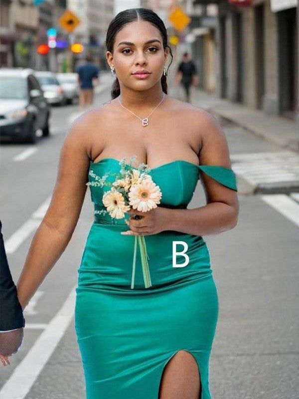 Sheath Off-the-Shoulder Sweep Train Silk Like Satin Bridesmaid Dresses