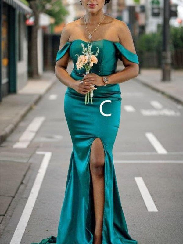 Sheath Off-the-Shoulder Sweep Train Silk Like Satin Bridesmaid Dresses