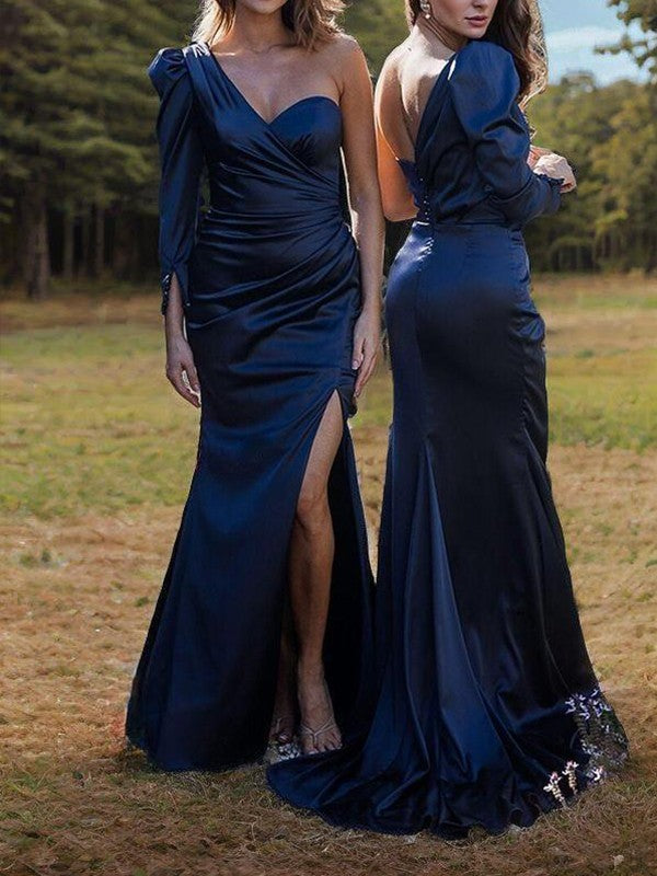 Sheath One-Shoulder Pleated Sweep Train Silk Like Satin Bridesmaid Dresses