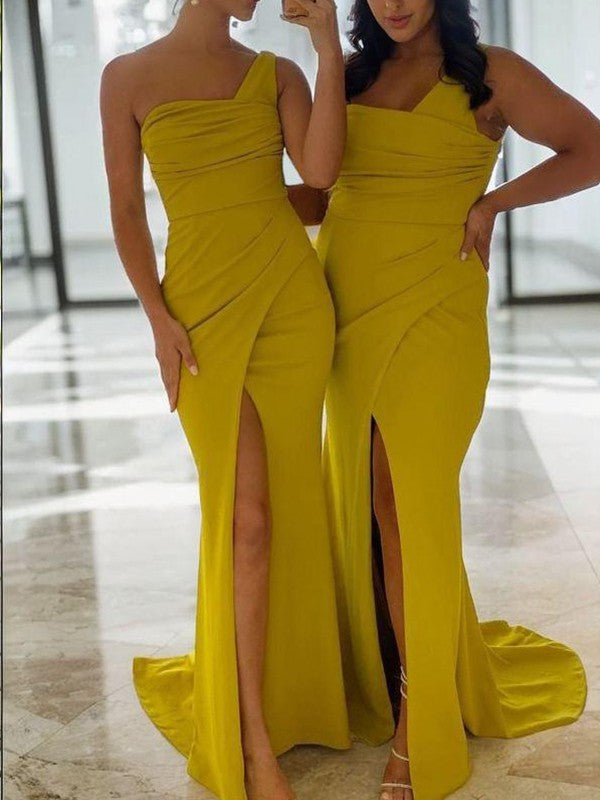 Sheath One-Shoulder Pleated Sweep Train Stretch Crepe Bridesmaid Dresses