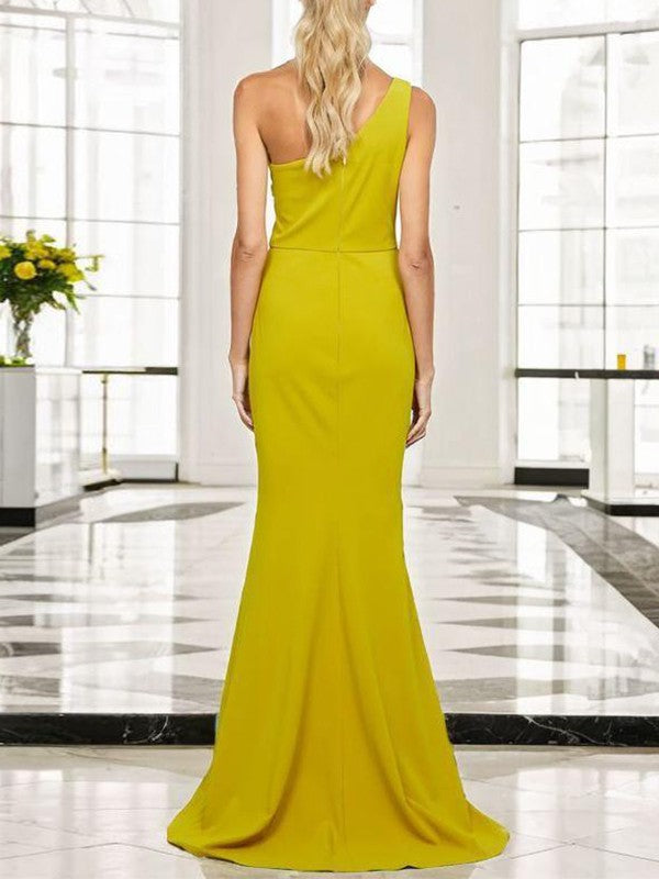 Sheath One-Shoulder Pleated Sweep Train Stretch Crepe Bridesmaid Dresses