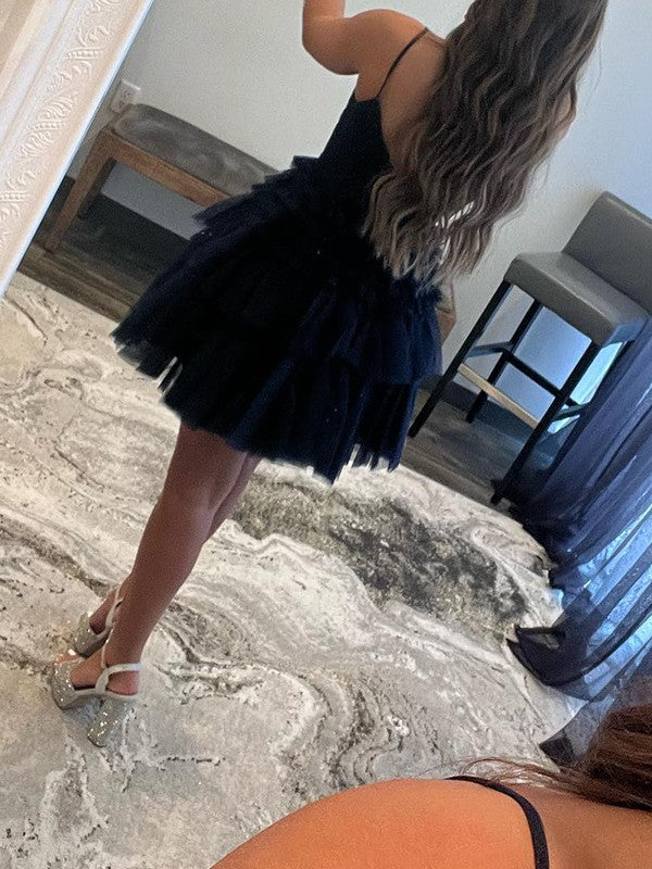 A-Line/Princess Tulle Ruffles Spaghetti Straps Sleeveless Short/Mini Prom Dress