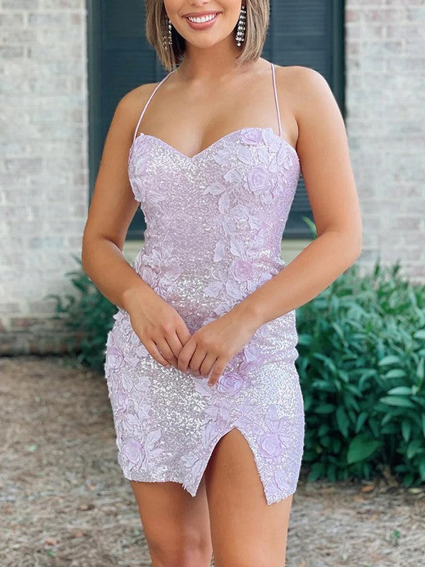 Sheath/Column Sequins Applique Spaghetti Straps Sleeveless Short/Mini Prom Dress