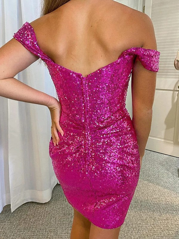Sheath/Column Sequins Ruched Off-the-Shoulder Sleeveless Short/Mini Prom Dress