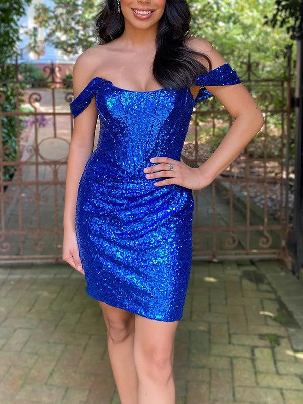 Sheath/Column Sequins Ruched Off-the-Shoulder Sleeveless Short/Mini Prom Dress