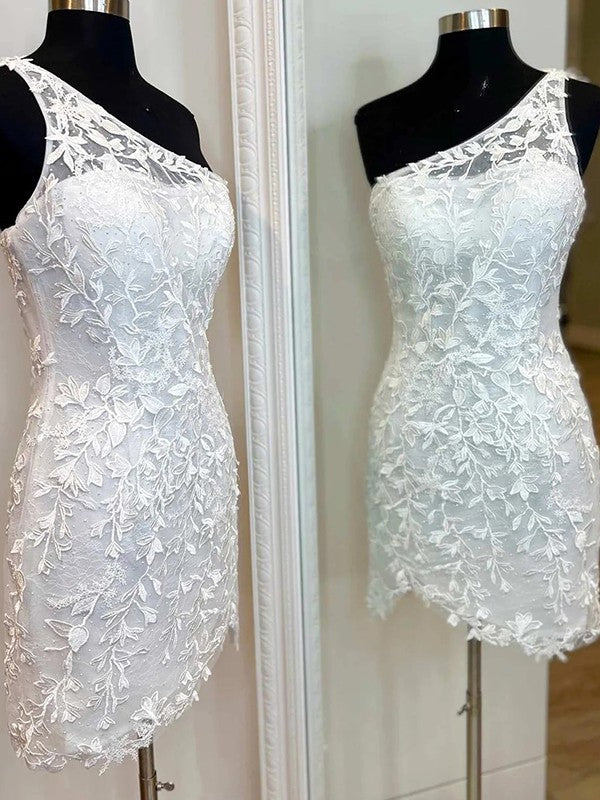 Sheath/Column Lace Applique One-Shoulder Sleeveless Short/Mini Prom Dress