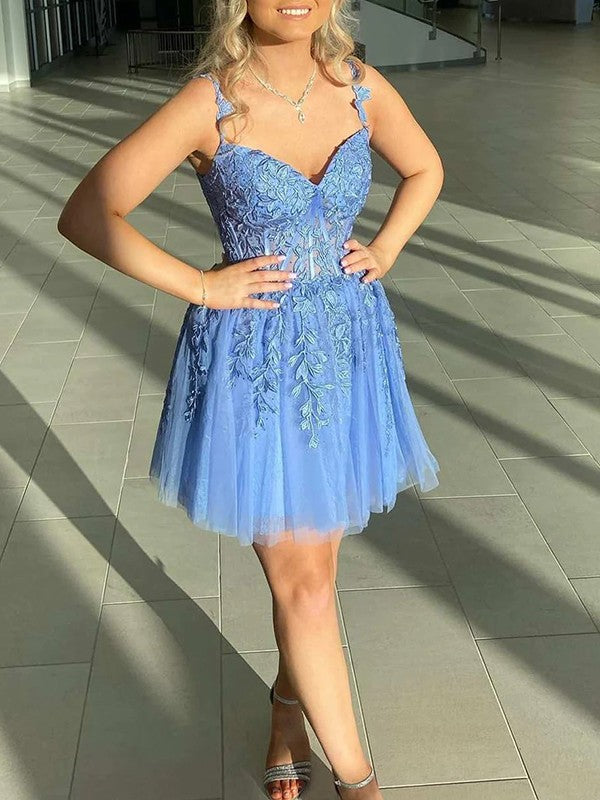 A-Line/Princess Tulle Applique Sweetheart Sleeveless Corset Short/Mini Prom Dress