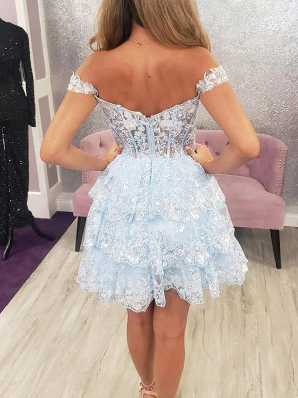 A-Line/Princess Tulle Applique Off-the-Shoulder Sleeveless Corset Short/Mini Prom Dress