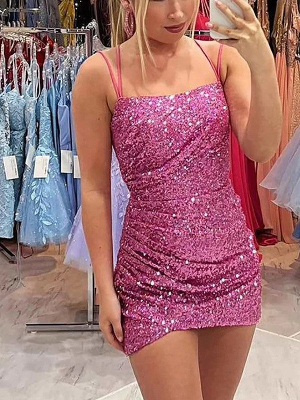 Sheath/Column Sequins Ruched Square Sleeveless Short/Mini Prom Dress