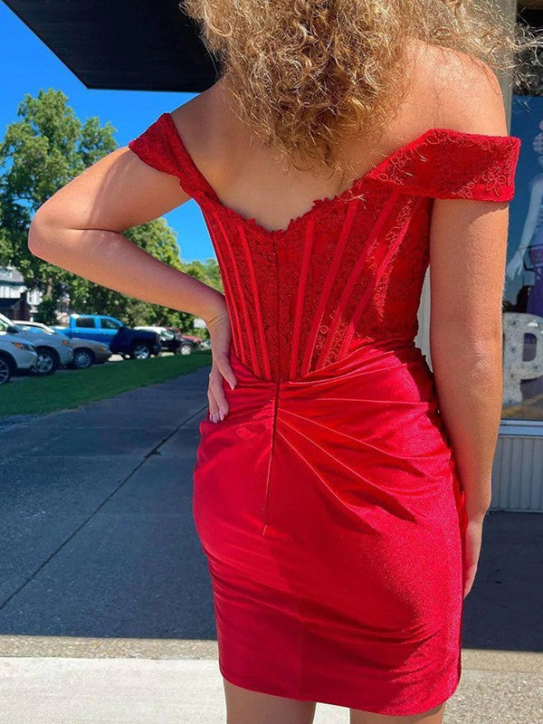 Sheath/Column Elastic Woven Satin Ruched Off-the-Shoulder Sleeveless Corset Short/Mini Prom Dress